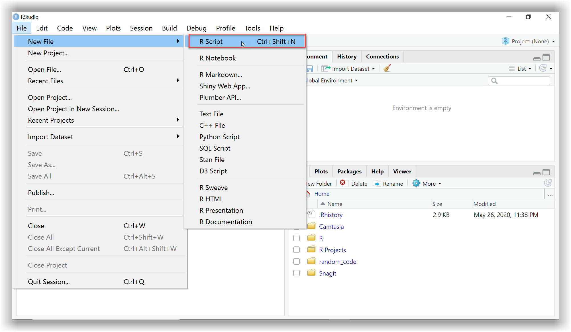 Open a new script in RStudio